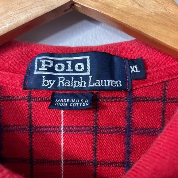 Polo Ralph Lauren Mens XL Red Plaid Short Sleeve Polo Shirt Vintage Made in USA - Picture 4 of 7
